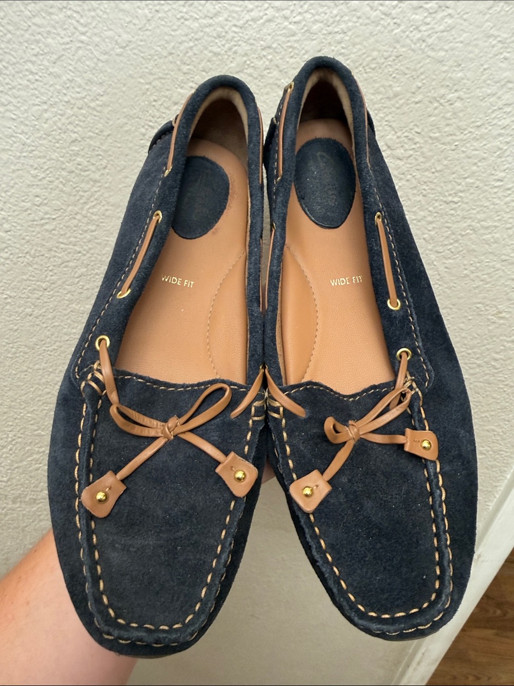 Clarks Navy Suede Loafers with Tan Accents